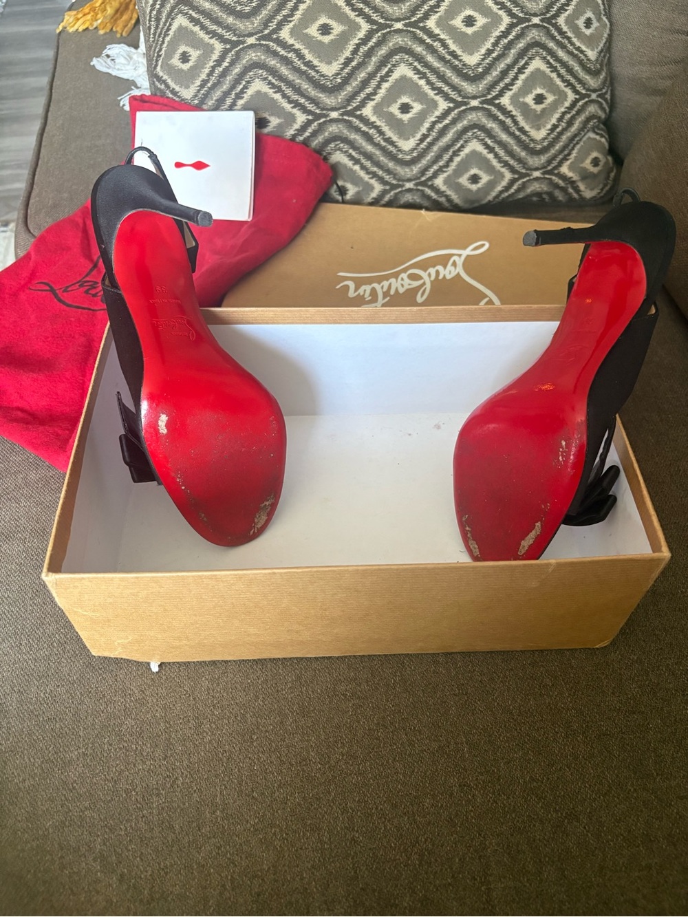 Christian Louboutin Black Open-Toe Slingback Heels with Bow Detail - Picture 2 of 3